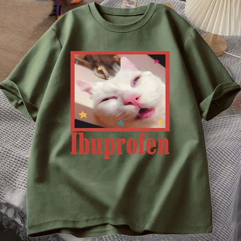 Color: Blue, Size: XXL - Ibuprofen Cat Meme Tshirt Funny Cat Graphic Tee Cute Cat Lover Cotton T-Shirt Casual Funny T Shirts Unisex Oversized Tshirt Tee
