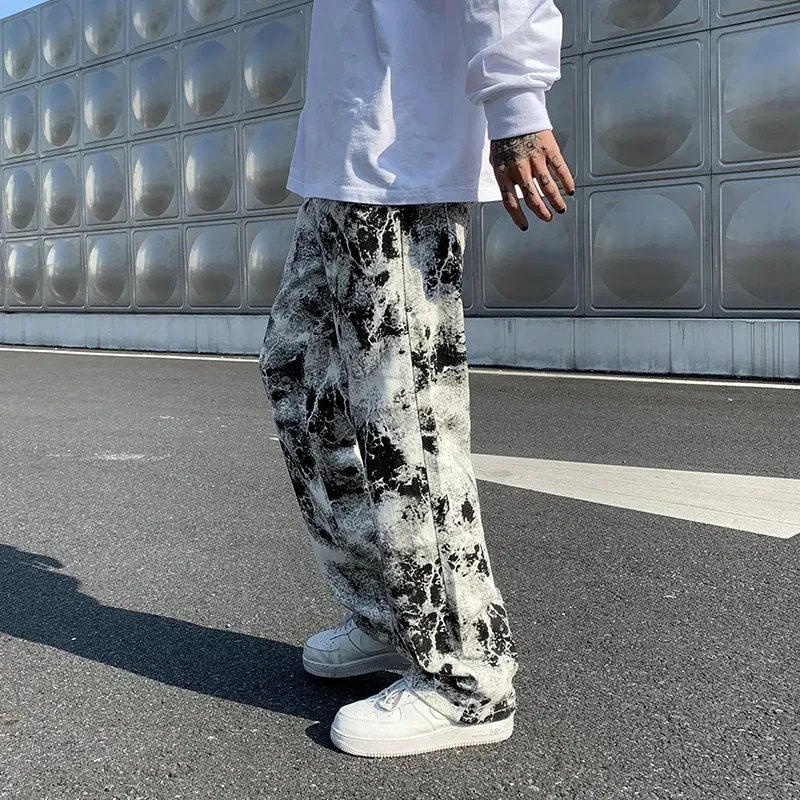 Color: black, Size: XL - Printed jeans Unisex Elastic waist Spring 2025 Mopping Trousers Jeans Mens Fashion Korean Style High Street Loose Hip Hop Pants
