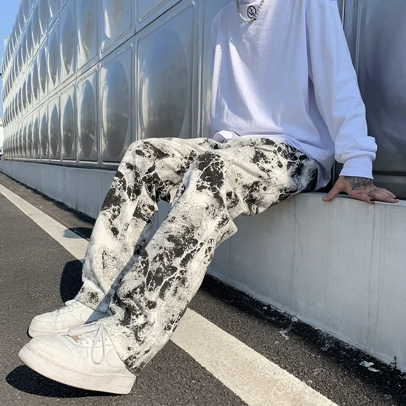 Color: black, Size: XL - Printed jeans Unisex Elastic waist Spring 2025 Mopping Trousers Jeans Mens Fashion Korean Style High Street Loose Hip Hop Pants
