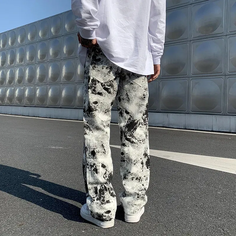 Color: black, Size: XL - Printed jeans Unisex Elastic waist Spring 2025 Mopping Trousers Jeans Mens Fashion Korean Style High Street Loose Hip Hop Pants
