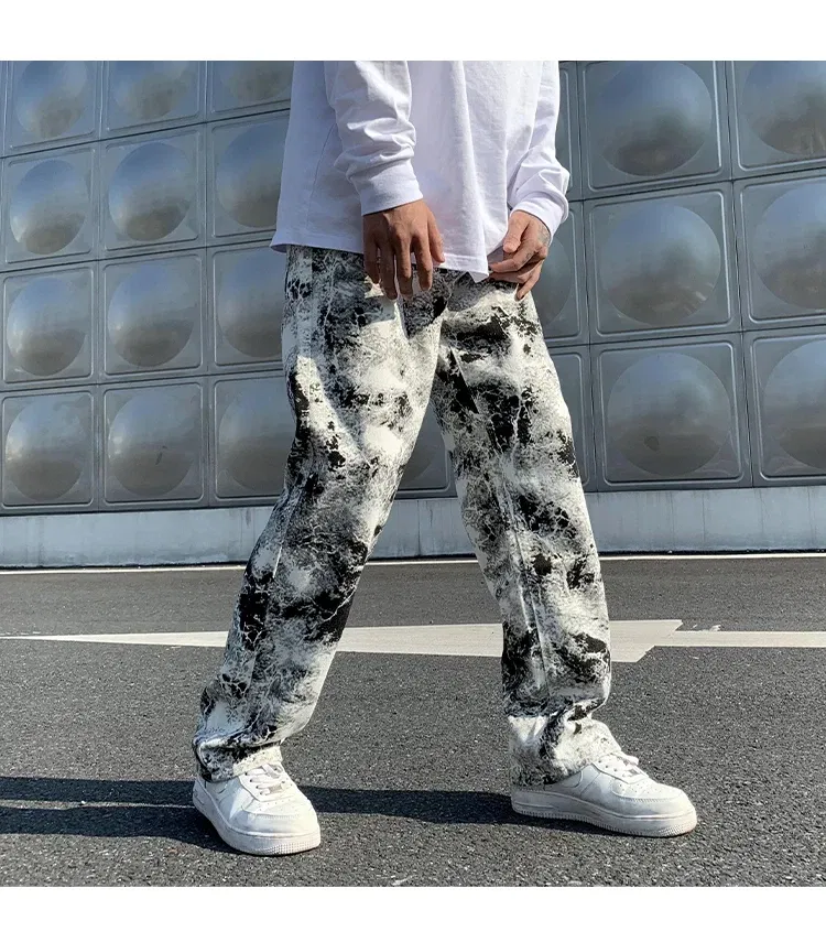 Color: black, Size: XL - Printed jeans Unisex Elastic waist Spring 2025 Mopping Trousers Jeans Mens Fashion Korean Style High Street Loose Hip Hop Pants