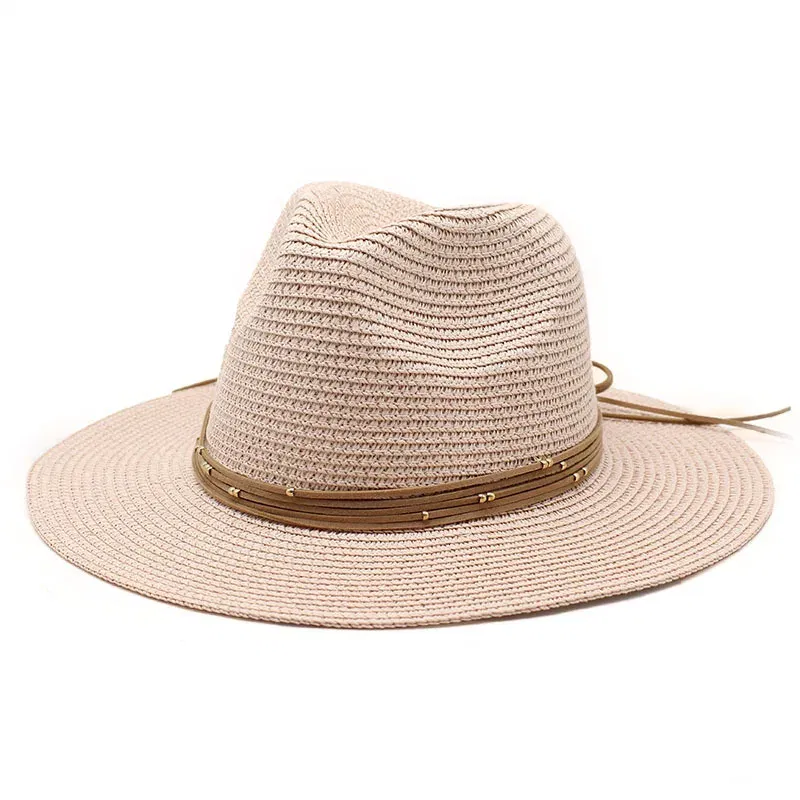 Color: Pink, Size: M - Big Size 60CM New Straw Hat 7cm Brim Summer Cooling Beach Sun Hat Outdoor Party Panama Jazz Hat Sombreros De Mujer
