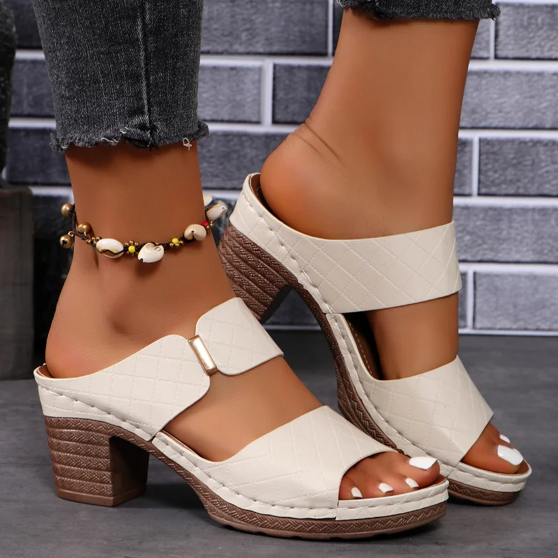 Color: Beige, Shoe Size: 42 - Women Summer Lightweight Hollow Sandals High Heels New Dress Chunky Open Toe Slippers Female 2024 Casual Slingback Slides Shoes
