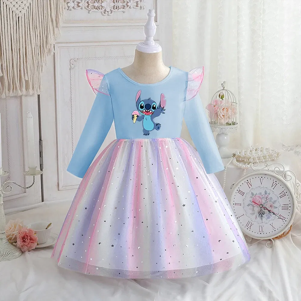 Color: GRAY, Kid Size: 2T - Stitch Princess Dress Autumn New Disney Baby Girls Dress Spring Autumn Long-sleeved For Children Kids Clothes Birthday Party