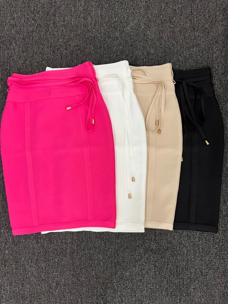 Color: Rose Red, Size: XXL - 4 Colors Women Hot Pink Black White Bodycon Bandage Skirt Designer High Street Party Club Pencil Skirt 55cm