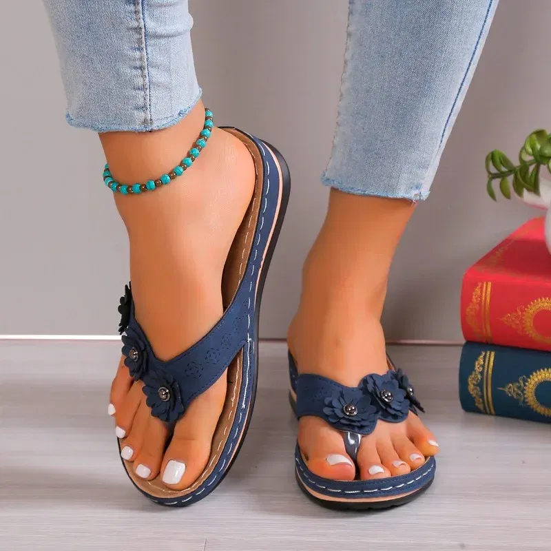 Color: Khaki, Shoe Size: 40 - Clip Toe Summer Shoes Women's Slippers Sweet Three Flowers Platform Sandals Soft Casual Ladies Flip Flops 2024 ?‘осоно?¶ки ?–?µнски?µ
