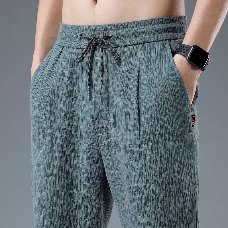 Color: black, Size: M - Summer Ice Silk Man Jogger Linen Pants Casual Wide Summer Sweatpants Male Spring Lightweight Halking Harem Trousers