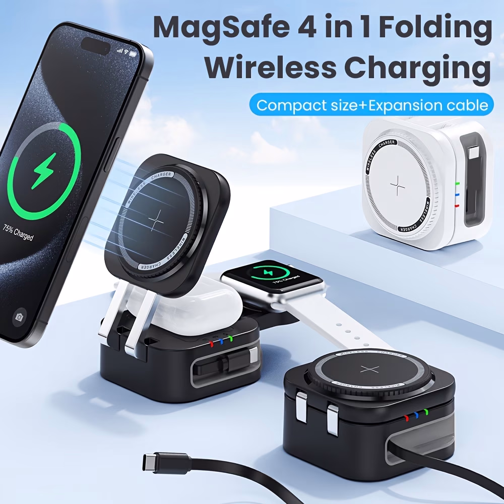 TIMESS 4-in-1 Magnetic Built-in Retractable Data Cable Fast Charging Wireless Charger – Convenient and Efficient Charging for All Your Devices