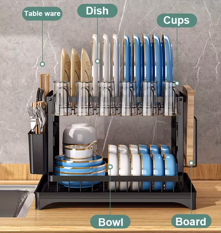 URLUNA 1pc Large Capacity 2-Tier Dish Drying Rack with Drainboard – Efficient and Organized Storage for Your Dishes, Cups, and Cutlery