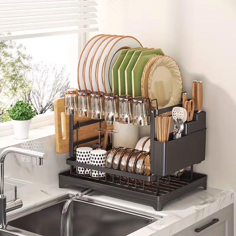 URLUNA 1pc Large Capacity 2-Tier Dish Drying Rack with Drainboard – Efficient and Organized Storage for Your Dishes, Cups, and Cutlery