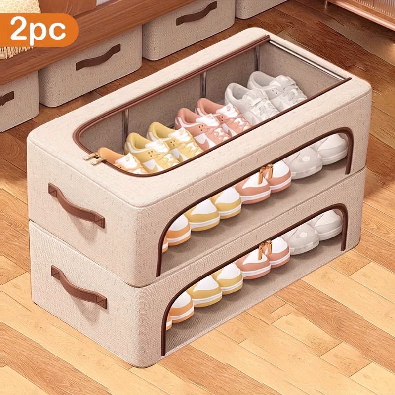ITECHJOY 2pcs Stackable Shoe Storage Box & Under Bed Organizer – Bohemian Style Fabric Storage Bins for Space-Saving Storage Solutions