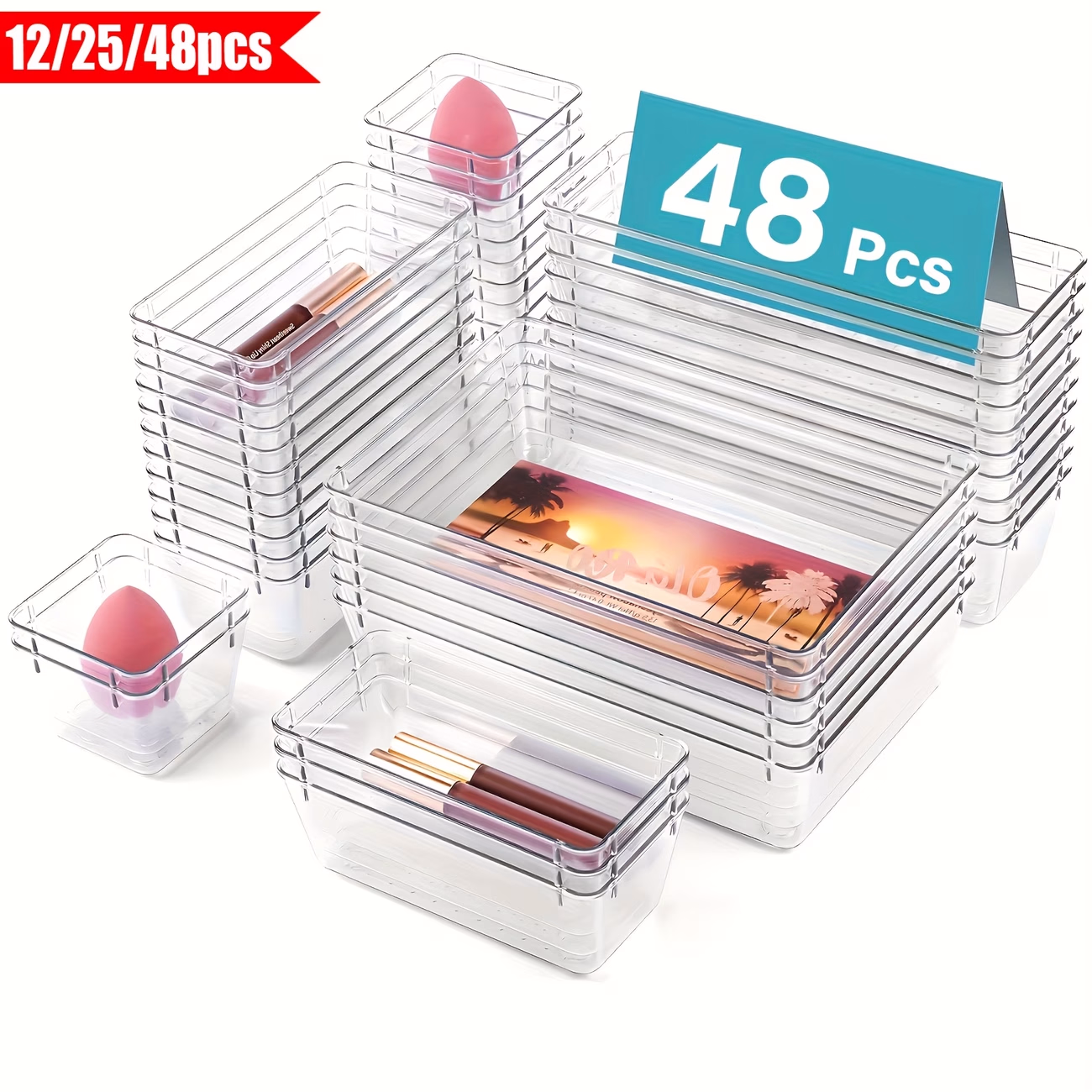THELiFE™ 48/25/12pcs Transparent Plastic Drawer Organizer Set – Multi-Size Functional Trays for Bathroom, Vanity, Desk, and Kitchen