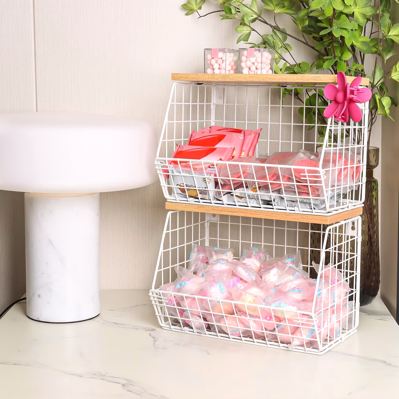 URLUNA White Metal Fruit Bowl Basket – Stackable Wall-Mounted Snack Organizer with Wood Lid for Space-Saving Storage