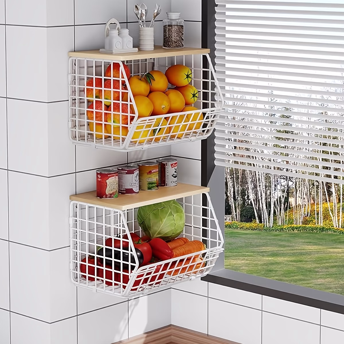 URLUNA White Metal Fruit Bowl Basket – Stackable Wall-Mounted Snack Organizer with Wood Lid for Space-Saving Storage
