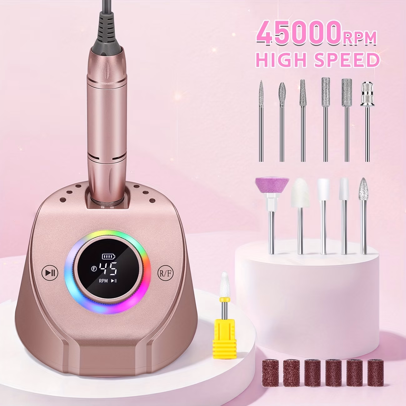DianaBeauty™ 45000RPM Nail Drill Manicure Machine – Rechargeable Electric Nail Sander with Pause Mode for Gel and Nail Cutting Removal