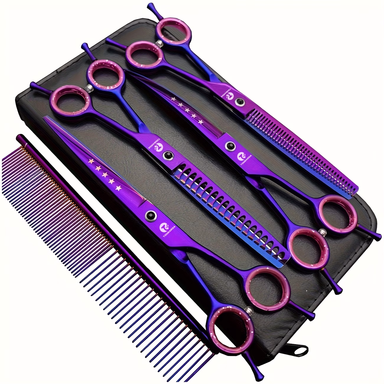TINMARDA Professional Dog Grooming Scissors Set – 5 Types of Scissors in Black and Purple Colors