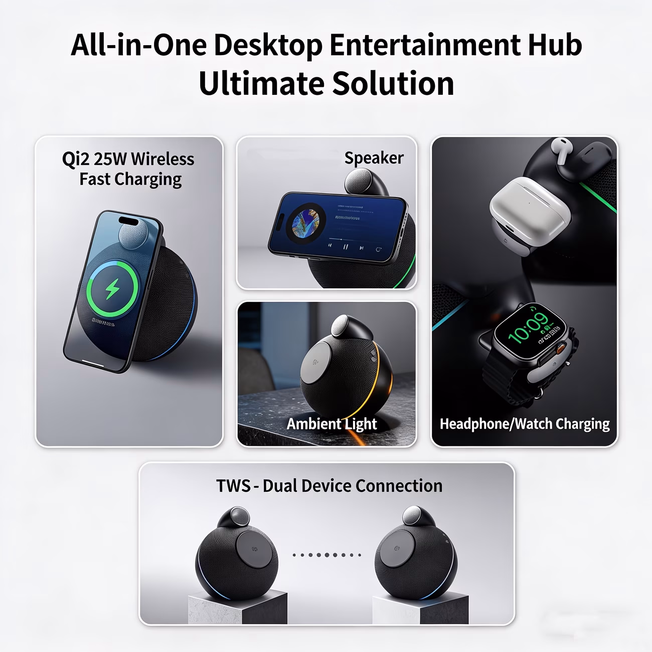 TIMESS 25W QI2.2 Fast Charger Wireless Charger Stand Speaker – RGB Rhythm Light & Nightlight for iPhone, iWatch, and AirPods