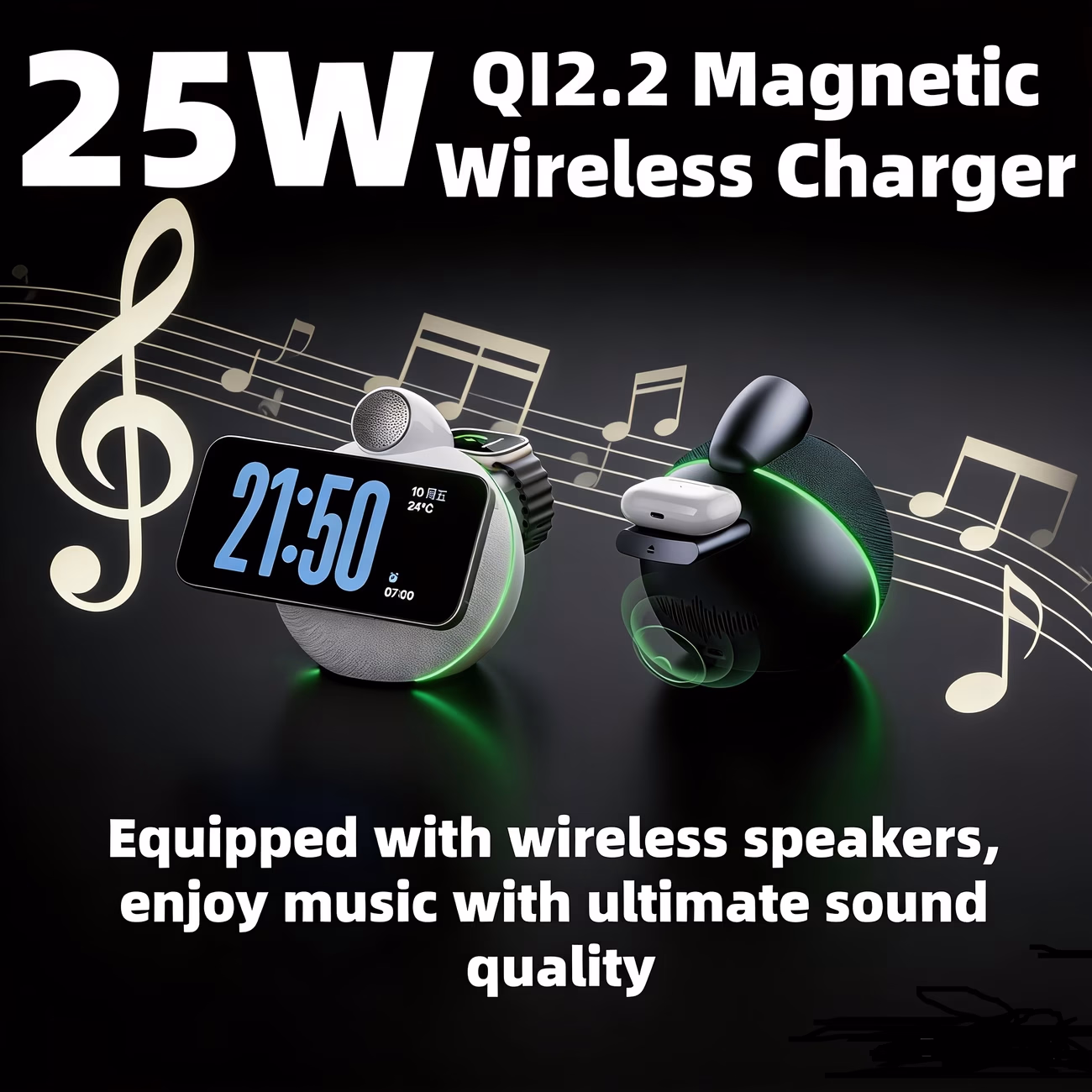 TIMESS 25W QI2.2 Fast Charger Wireless Charger Stand Speaker – RGB Rhythm Light & Nightlight for iPhone, iWatch, and AirPods