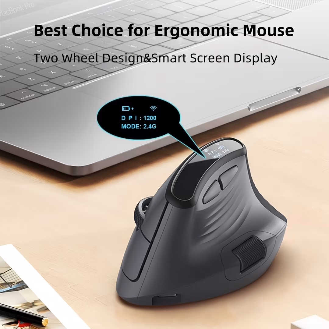 MCPIWOHY Dual Wheel Wireless BT Mouse – 2.4GHz, Type-C Wired, Triple Mode Connection with Screen Display