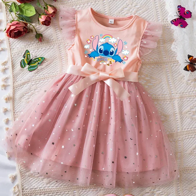 Color: GRAY, Kid Size: 11 - Lilo Stitch Girls Sequin Tutu Dress with Bow Flutter Sleeves Summer Princess Party Outfit for Toddler Kids 2-6 Years