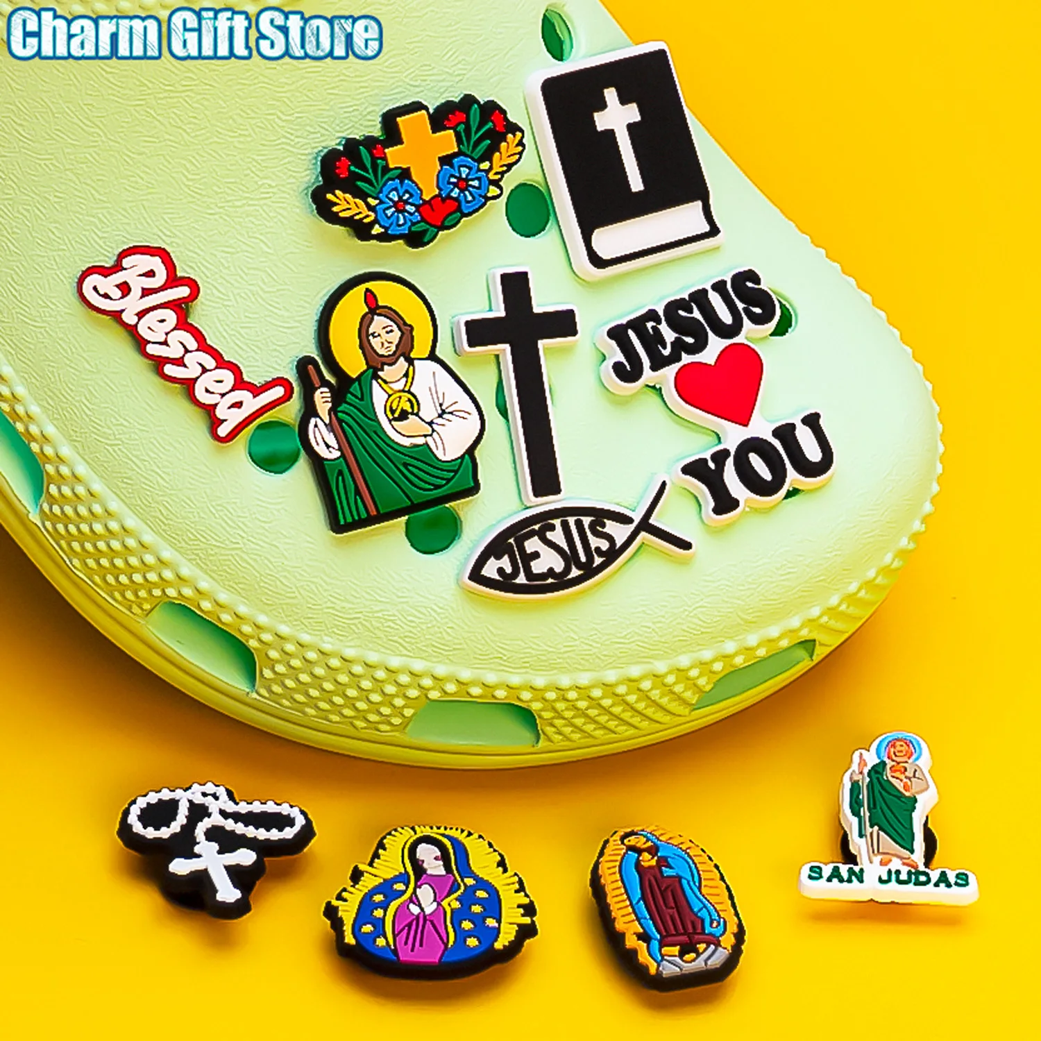 Color: PURPLE - 1pcs New Shoe Charm Religion PVC Clog Charms Crucifix Blessed Virgin Mary Clog Pin Clips Jeans Garden Sandal Shoe Decoration