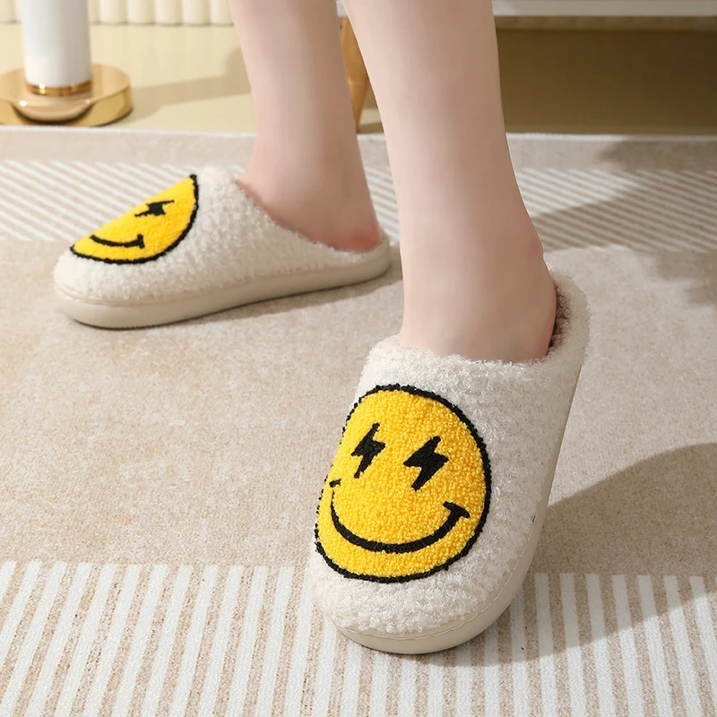 Color: black, Shoe Size: 45 - Leopard Print Winter Slippers Women Lightning Smile Face Fluffy Fur Slippers Woman Indoor Anti-slip Furry Couple Cotton Slides