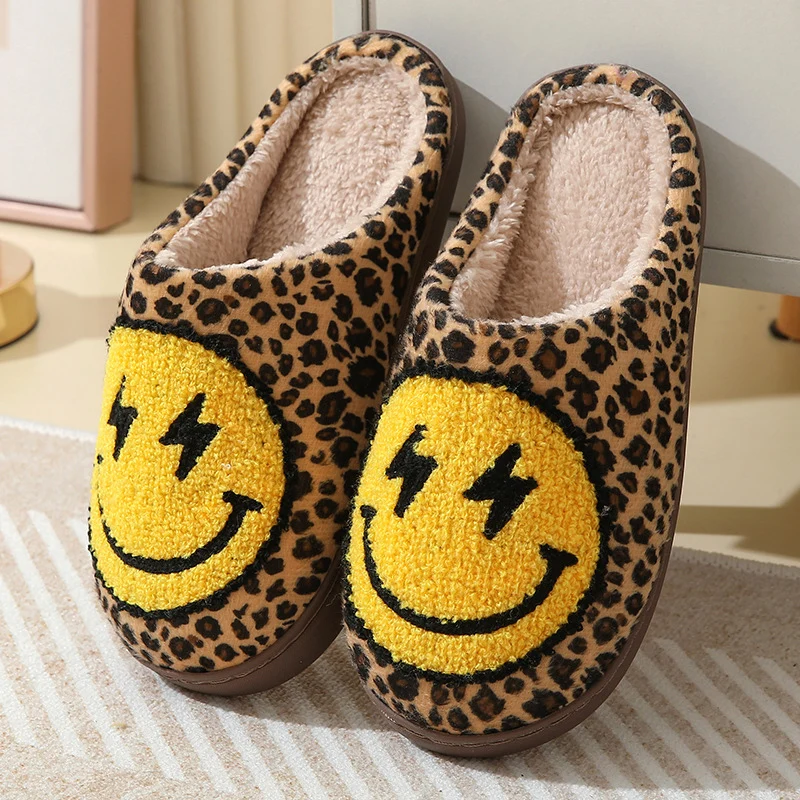 Color: black, Shoe Size: 45 - Leopard Print Winter Slippers Women Lightning Smile Face Fluffy Fur Slippers Woman Indoor Anti-slip Furry Couple Cotton Slides