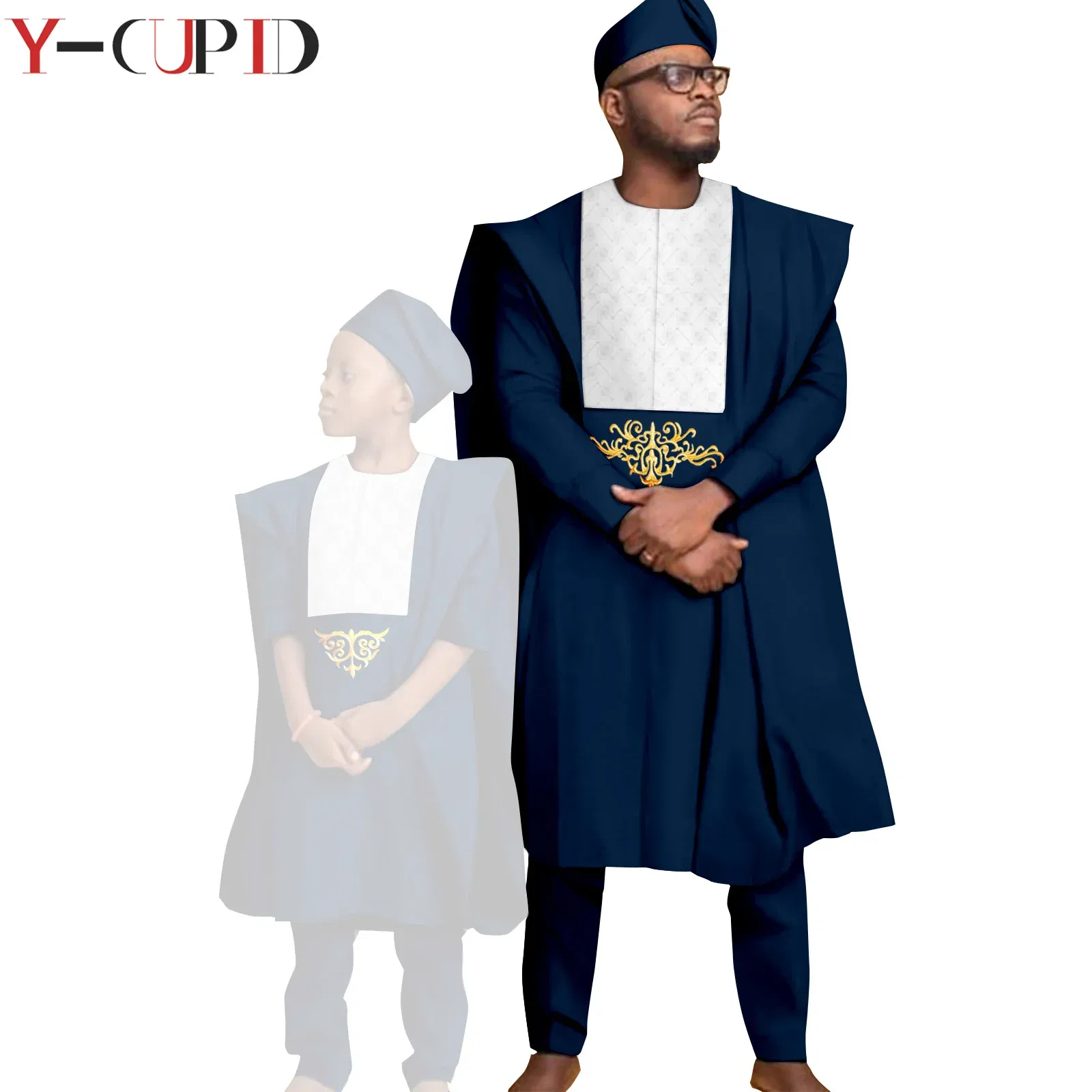 Color: Champagne, Size: XXL - African Clothes for Men Top Pants Robes Hat Sets Match Kid Boy Sets Dashiki Father and Son Bazin Riche Family Outfits Y20F001