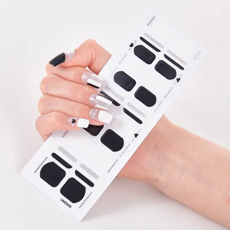 Color: Black with White - 22 Tips/Sheet Solid Color And Striped Manicure Designer Nail Decals Nailart Sticker Full Beauty Nail Tape Manicure Self Adhesive