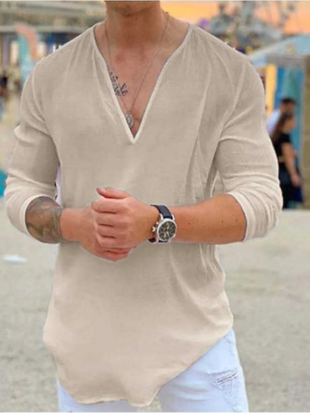 Color: black, Size: XL, Ships From: CHINA - New men's Casual Shirt Trend Fashion V-Neck Loose Street Style Solid Color Long-Sleeved Pullover Spring And Autumn Tops