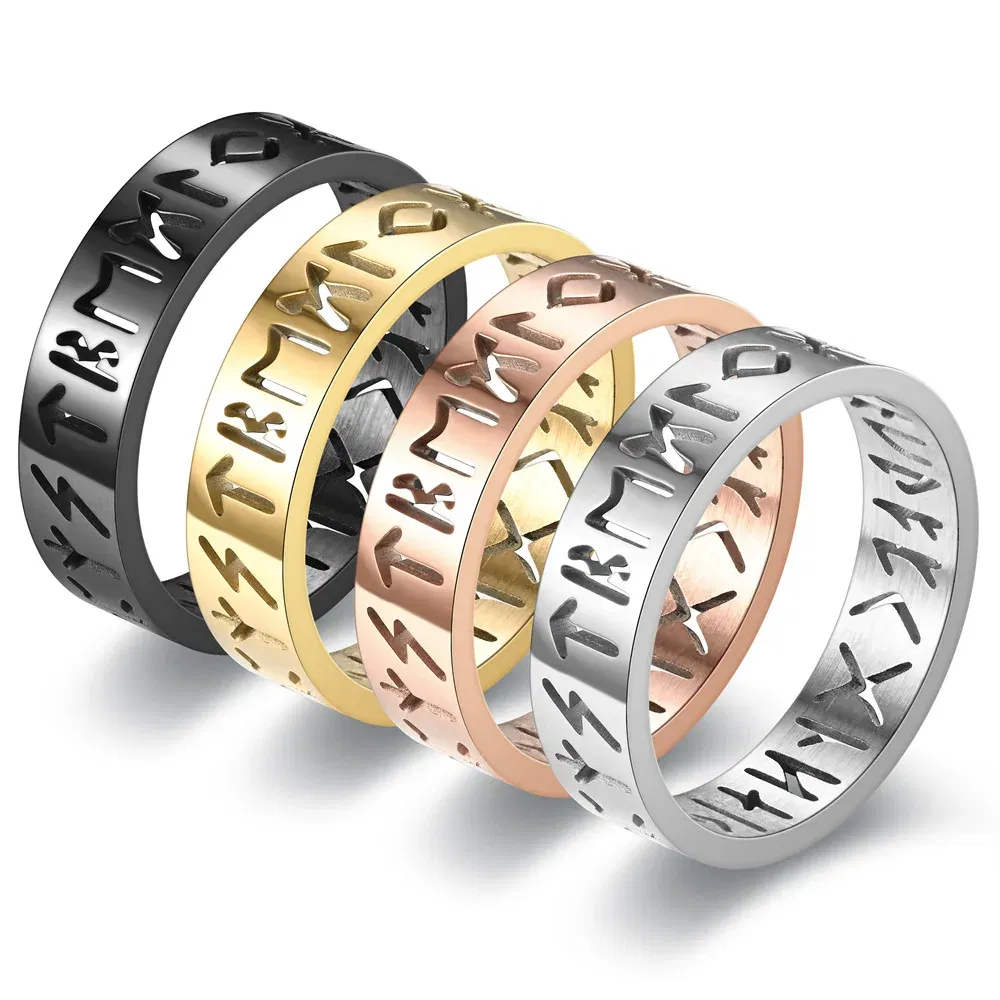 Main Stone Color: GOLD, Ring Size: 3.5 - 2023 New Stainless Steel Hollow Out Ring for Men Women Fashion Hollow Rune Design Finger Anillo Antiestres Anxiety Rings