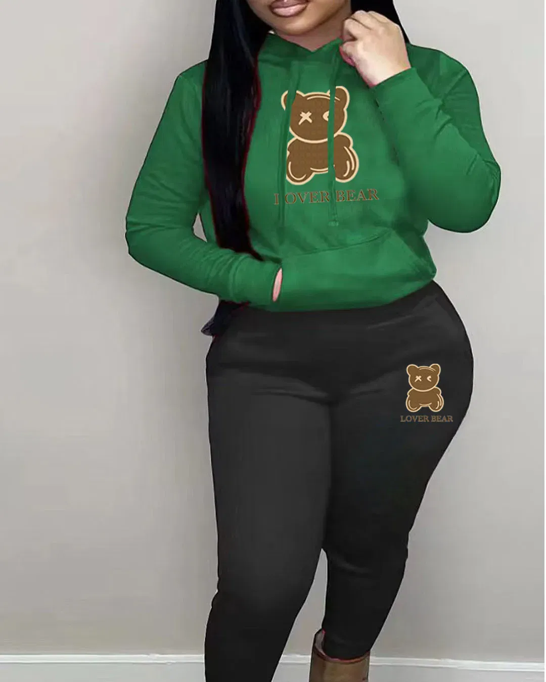 Color: Ivory, Size: XXL - 2 Piece Set Women Outfit Letter Bear Print Hooded Neck Hoodies Sweatshirt Pants Tracksuit 2024 Plus Size Streetwear Casual Suit