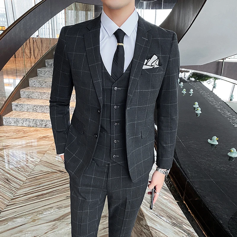 Color: Dark Grey, Size: XL - Gray Men Classic Striped/Checked Suits, Business Office 3 Piece, Asian Size Slim Fit Men Dress Jacket & Pants with Vest, S-4XL