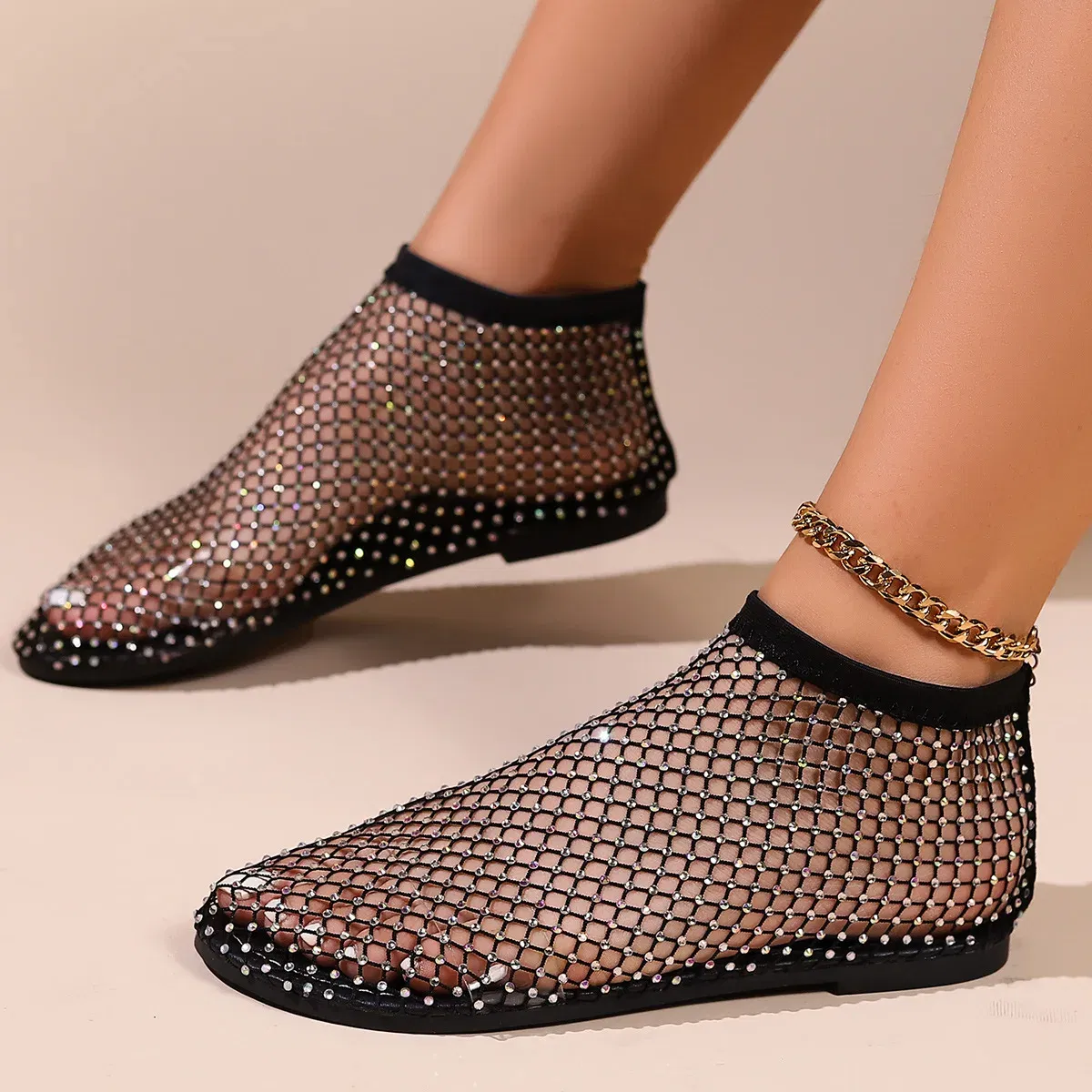 Color: Beige, Shoe Size: 43 - Women Summer New Fashion Mesh Luxurious Rhinestone Designer Simple Solid Color Sandals Daily Versatile Round Toe Womens Sandal