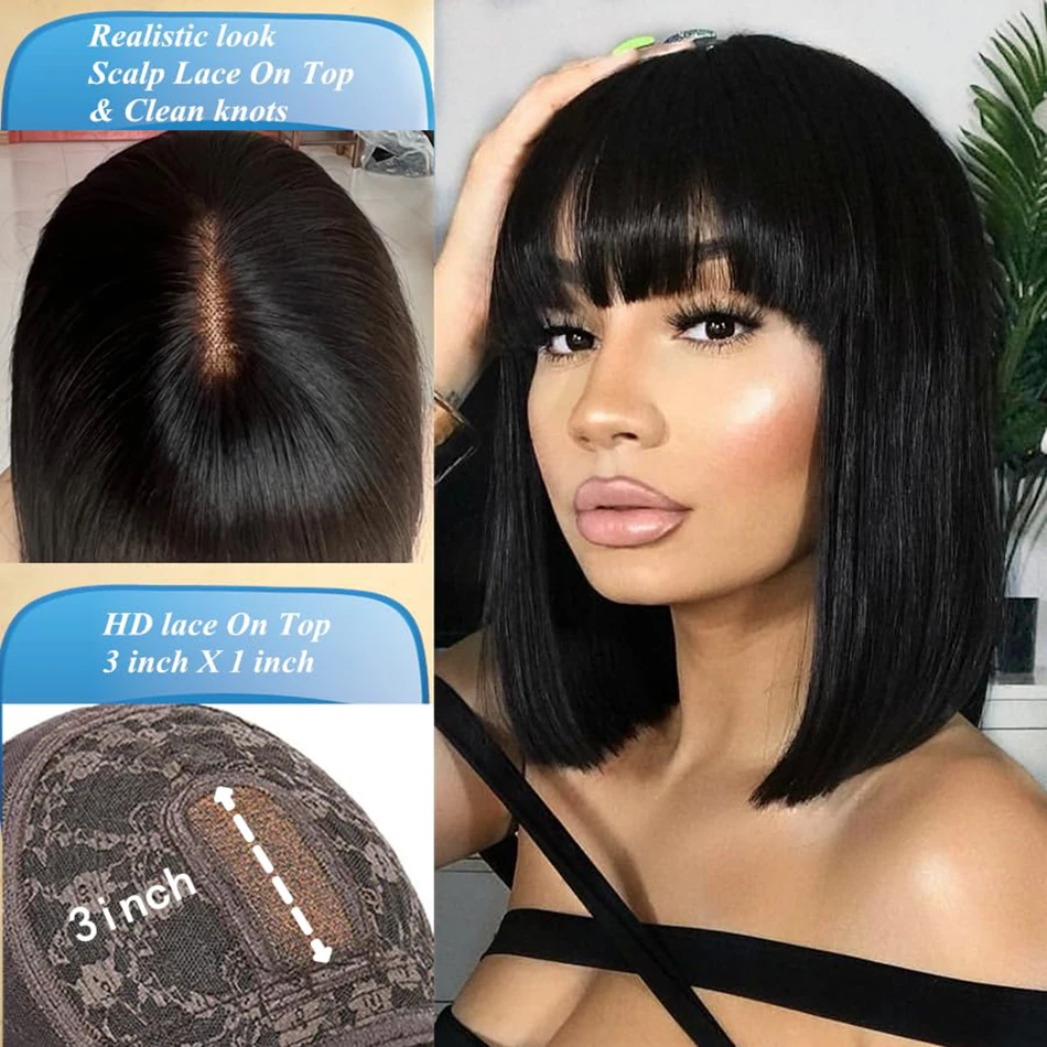 Stretched Length: 30inches, Hair Color: #1, Density: 180%, Ships From: CHINA - Wiggogo 3X1 Middle Part Lace Wig Bone Straight Human Hair Wig With Bangs Full Machine Made Straight Human Hair Wigs For Women