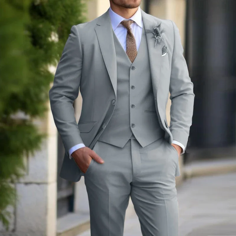 Color: GRAY, Size: 6XL - 3 Pieces Beige Suits for Men Fashion Slim Fit Blazer Vest Pants Set Formal Business Wedding Tuxedos for Men Casual Clothing