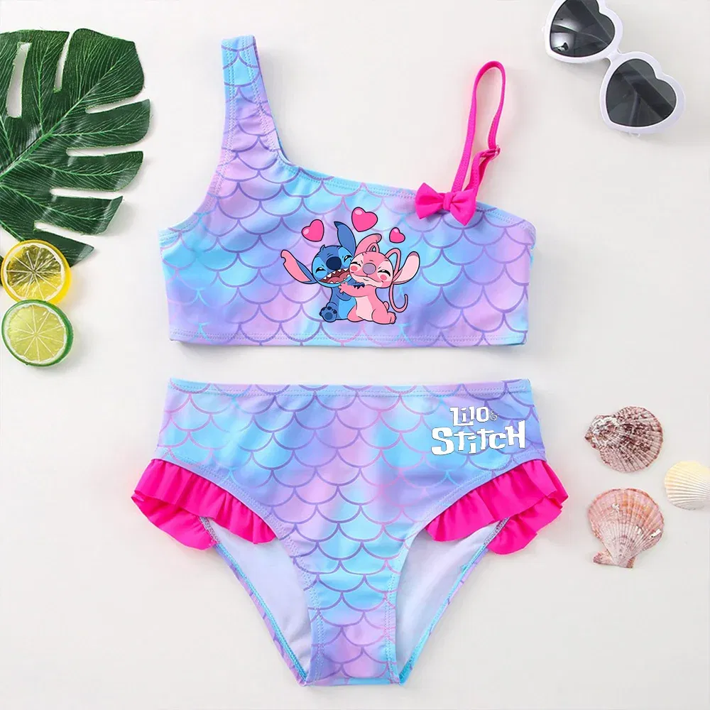 Color: MULTI, Size: S - Lilo Stitch Girls Tankini Swimsuits Summer Beach wear Children Kids Wear Bathing Suits Two-pieces Bikini Dresses Fashion