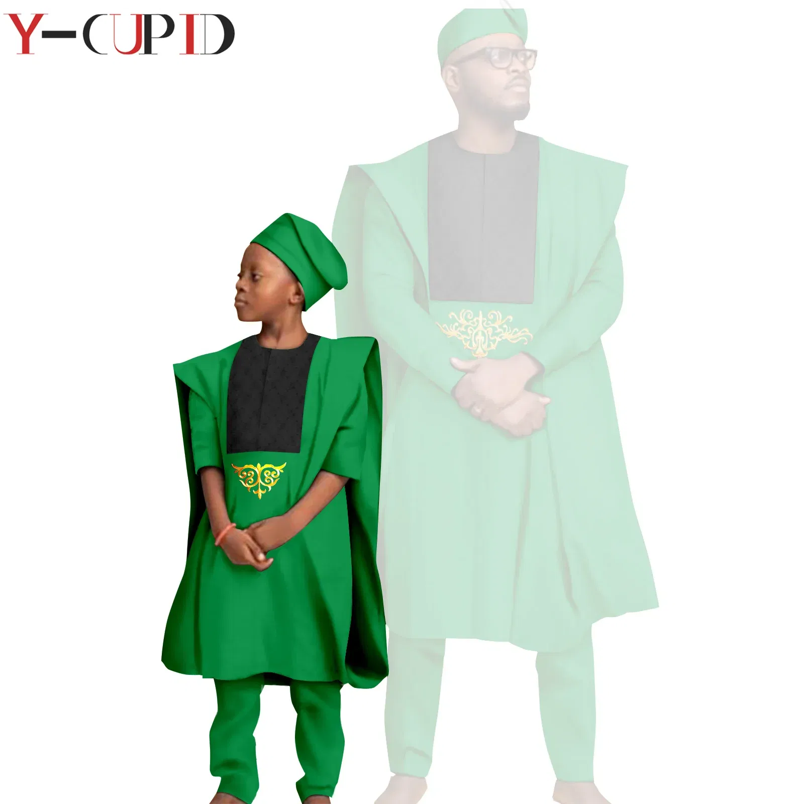 Color: Navy Blue, Size: Mother 6XL - African Clothes for Men Top Pants Robes Hat Sets Match Kid Boy Sets Dashiki Father and Son Bazin Riche Family Outfits Y20F001