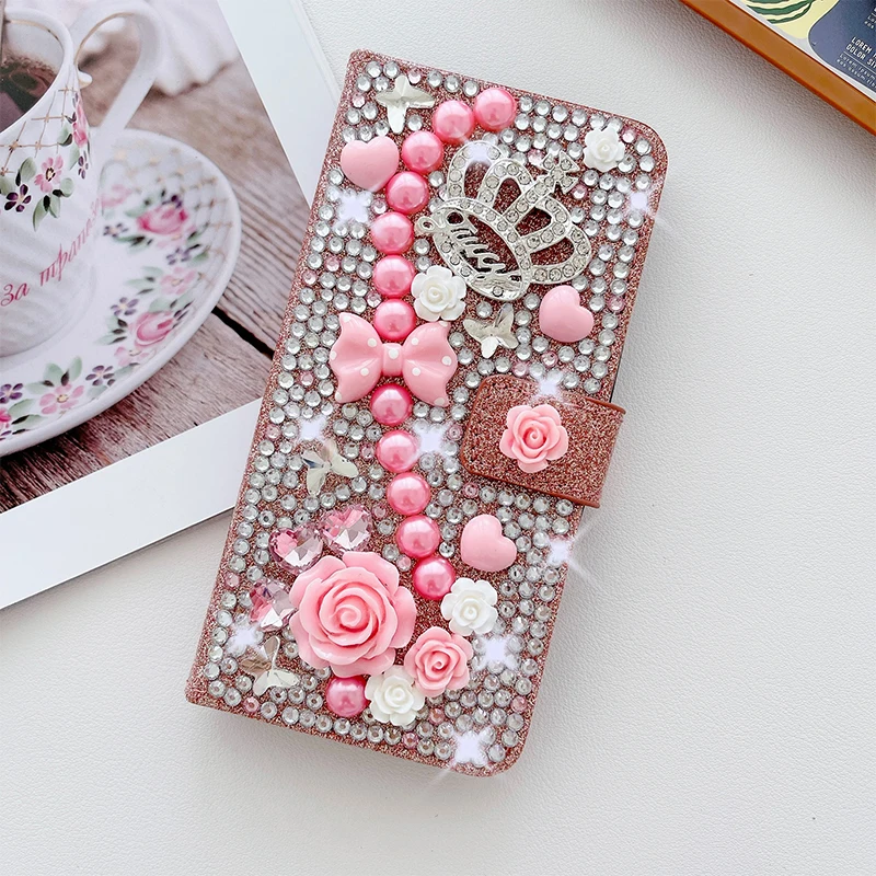 Color: Rose, Material: POLYESTER - Wallet Glitter Case For Samsung Galaxy S24 FE S23 Ultra S22 Plus S21 S20 A13 A14 A15 A16 A53 A54 A55 A34 Flip Luxury Leather