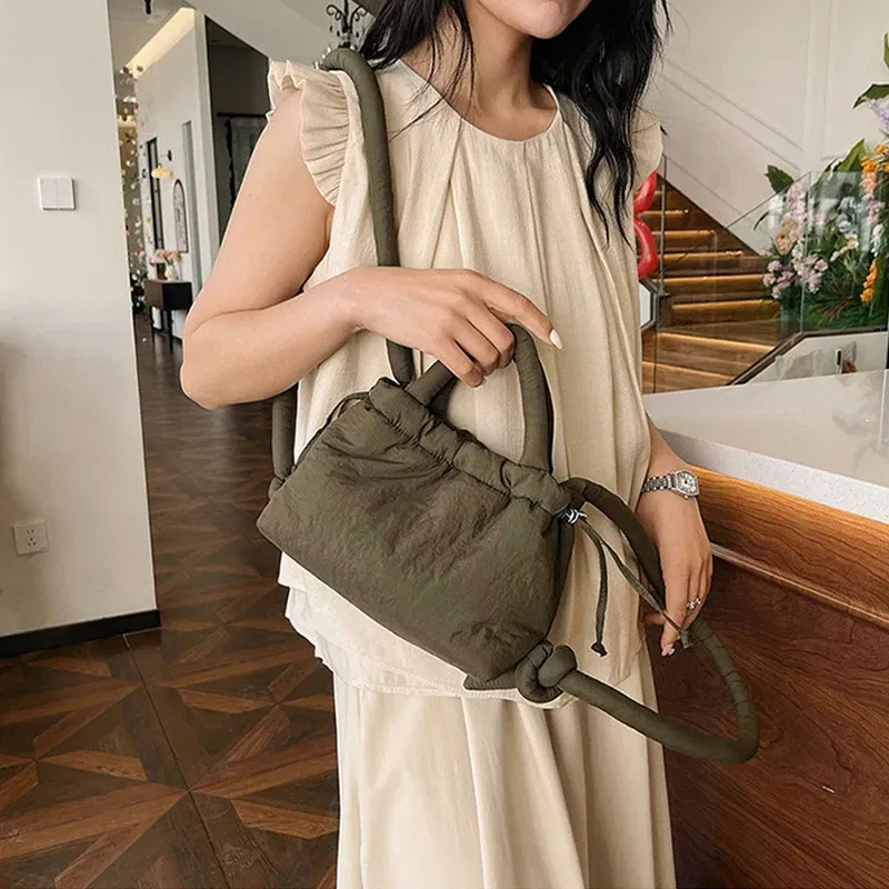 Color: Dark Grey - Fashion Small Puffer Tote Bag Padded Women Shoulder Bags Nylon Down Cotton Crossbody Bag Mini Lady Handbags Underarm Bag