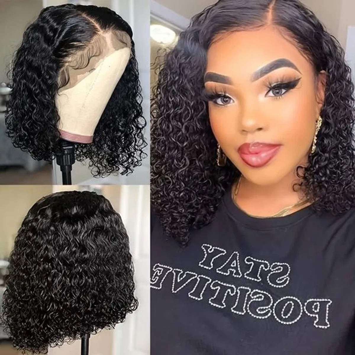 Density: 180%, Stretched Length: 14inches, Lace Wig Type: PART - Deep Wave 180% Density Pre-Plucked Side Part Short Bob 13*4 Lace Frontal Brazilian Virgin Human Hair Wigs For Black Woman