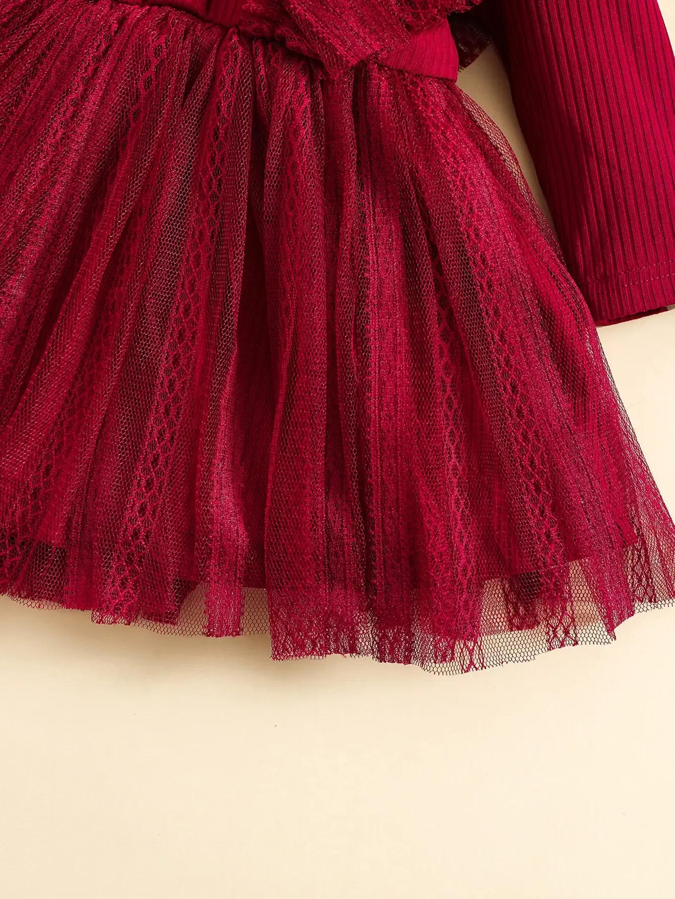 Color: Red, Kid Size: 6M - Two-Piece Baby Girl Romantic Small Flying Sleeve Long Sleeve Ruffled Mesh Dress + Bow Headscarf Spring And Autumn