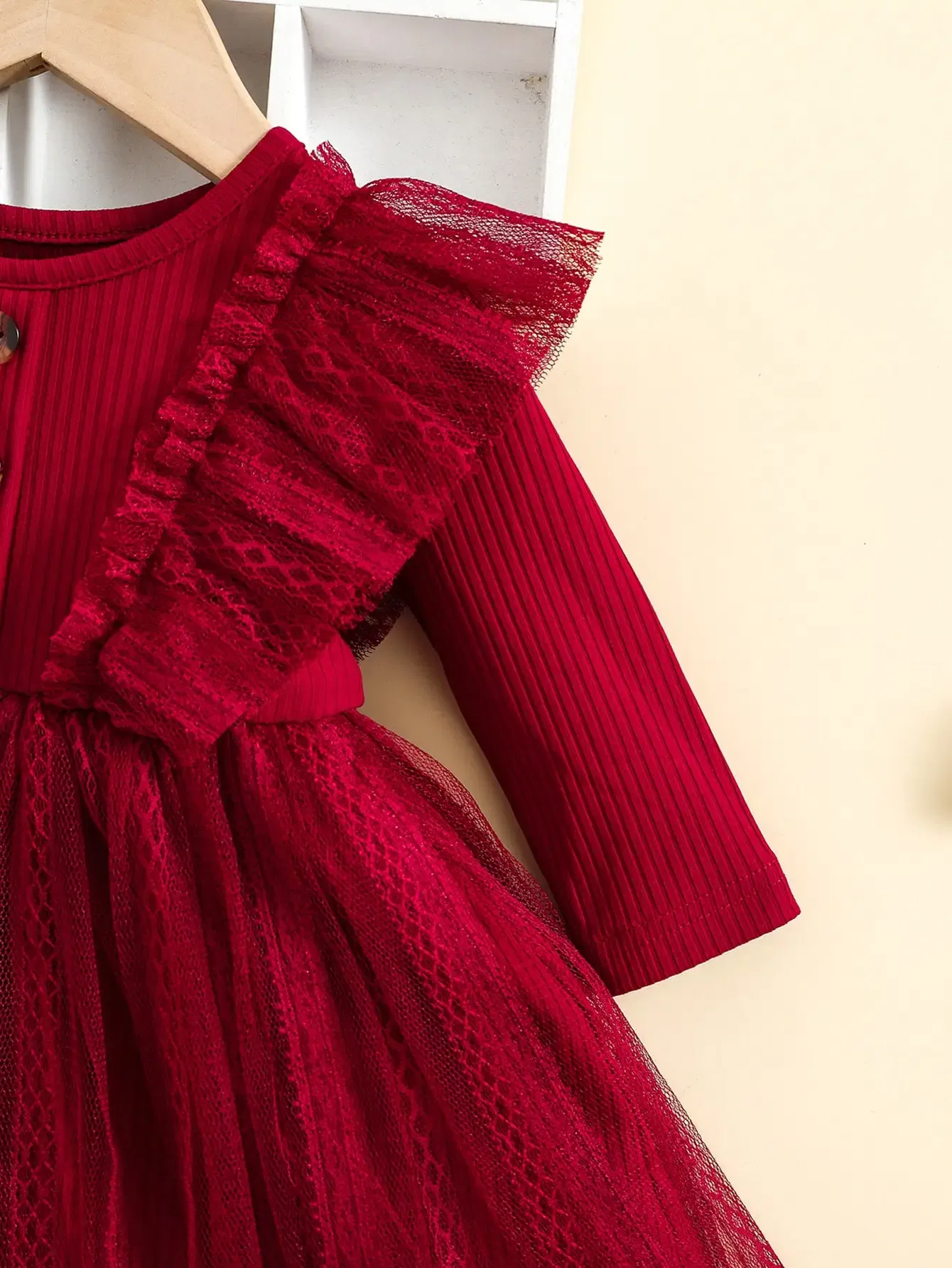Color: Red, Kid Size: 6M - Two-Piece Baby Girl Romantic Small Flying Sleeve Long Sleeve Ruffled Mesh Dress + Bow Headscarf Spring And Autumn