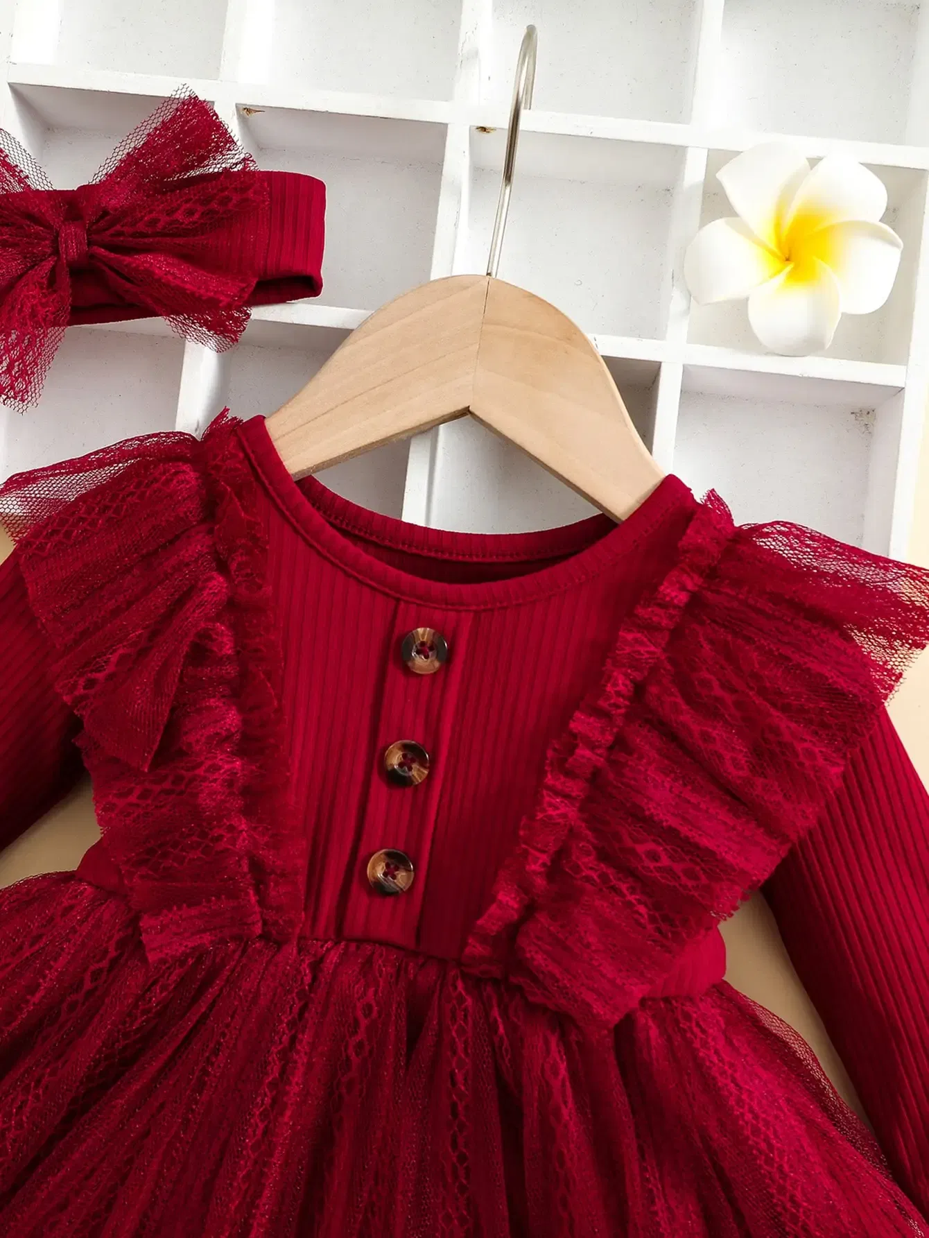 Color: Red, Kid Size: 6M - Two-Piece Baby Girl Romantic Small Flying Sleeve Long Sleeve Ruffled Mesh Dress + Bow Headscarf Spring And Autumn