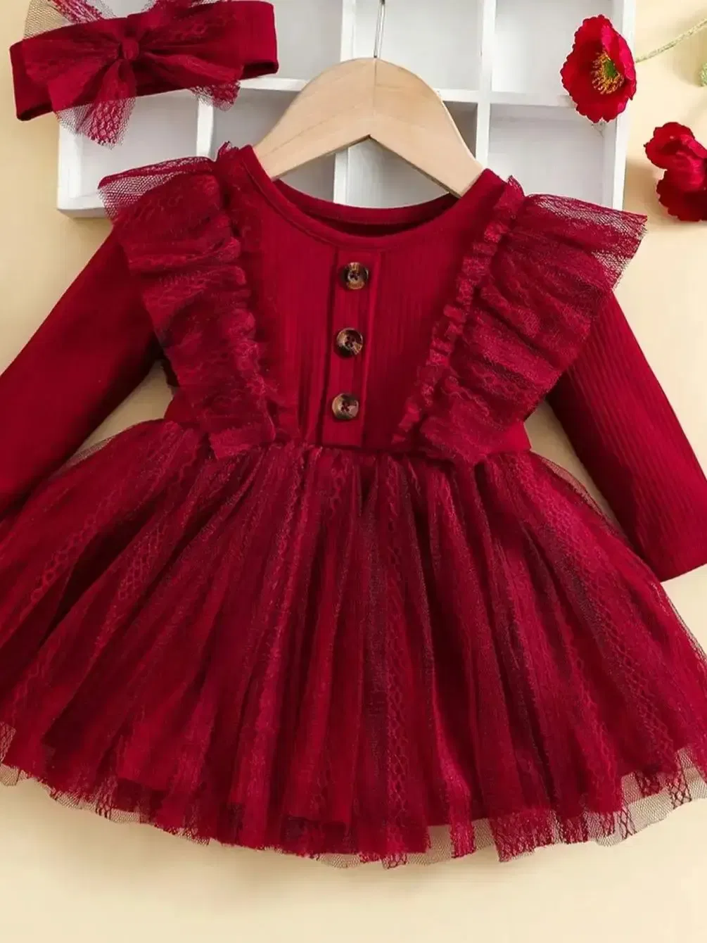 Color: Red, Kid Size: 6M - Two-Piece Baby Girl Romantic Small Flying Sleeve Long Sleeve Ruffled Mesh Dress + Bow Headscarf Spring And Autumn