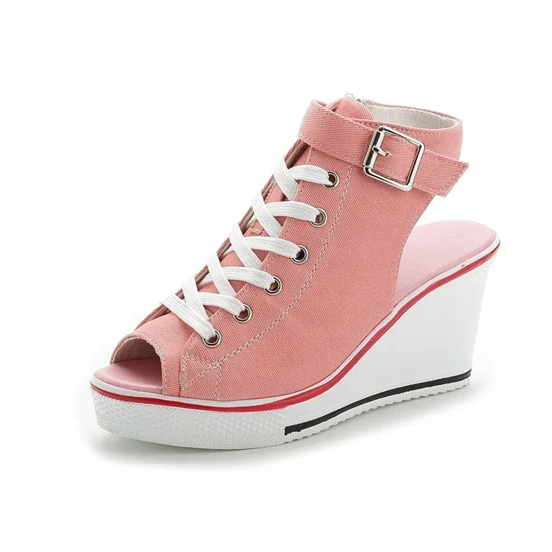 Color: Red, Shoe Size: 39 - Spring Summer Women's Height Increasing Platform Canvas Fish Mouth Shoes Open Toe Hollow Canvas Wedge Shoes Zapatos Para Mujer