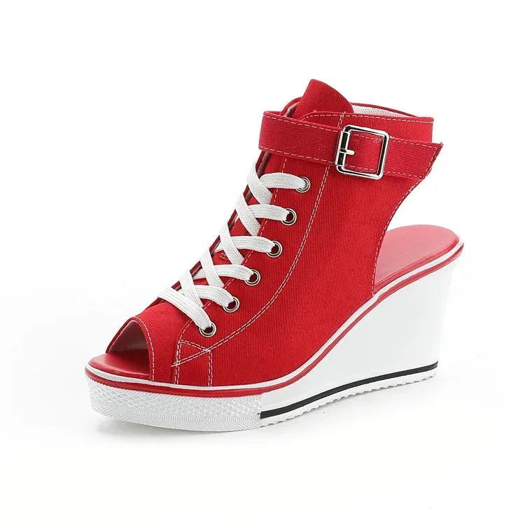 Color: Red, Shoe Size: 39 - Spring Summer Women's Height Increasing Platform Canvas Fish Mouth Shoes Open Toe Hollow Canvas Wedge Shoes Zapatos Para Mujer