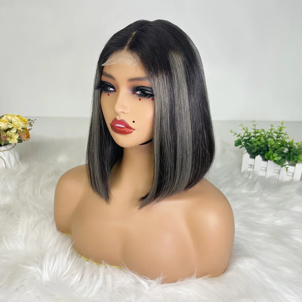 Hair Color: #1B, Stretched Length: 10inches, Density: 100% - 250% Density Grey 2x6 Lace Closure Wigs Straight Bob Glueless Wig Gray Vietnamese Human Hair Super Double Drawn Wigs Pre Plucked