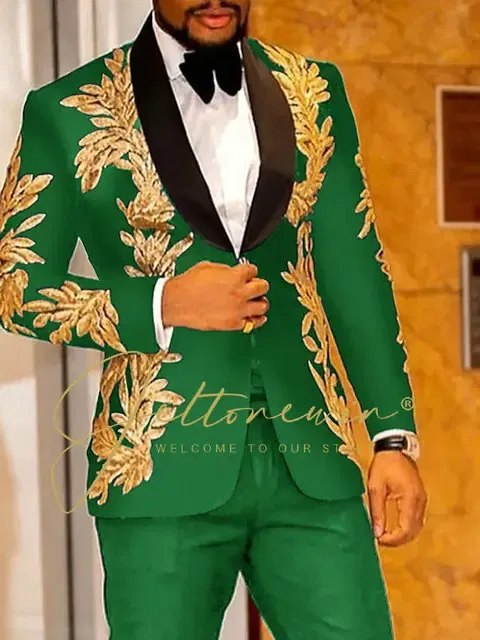 Color: green, Size: 5XL - Luxury Groom Wedding Tuxedos Gold Sequins Appliques Black Men Suits Slim Fit Costume Homme Marriage Prom Suits
