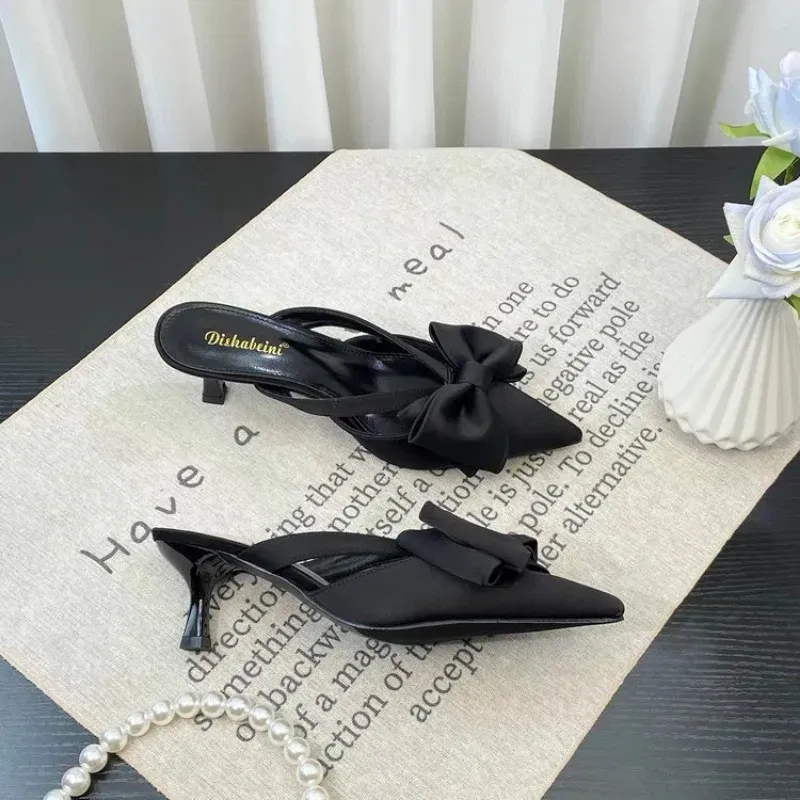 Color: black, Shoe Size: 38 - Fairy Style Pink Cool Slippers for Women's Summer 2024 French Pointed Bow Hollow High Heels, Half Wrapped Women's Slippers